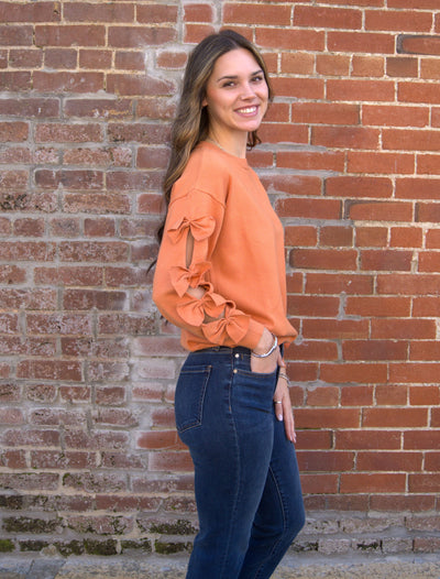 Bow Embellished Crew Neck Sweater-Bow Detail,Bow Embellished,Burnt Orange,clothing,Crew Neck,Drop Shoulder,Knit Sweater,Knit Top,Ribbed Crew Neck,Ribbed Hem,Ribbed Neckline,Sweater,Sweaters,Top,Tops,Women,women's-[option4]-[option5]-[option6]-Bella Bliss Boutique in Texas