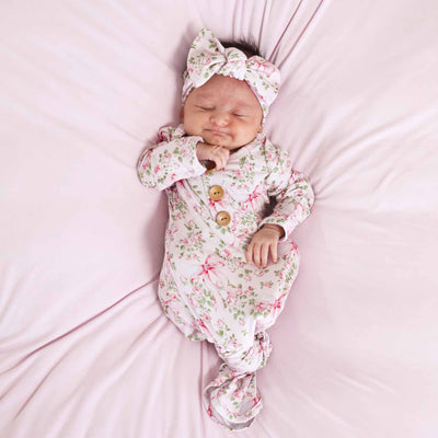 Bows in Bloom Bamboo Knot Gown & Hat Set-Baby Gifts,Bamboo Viscose,Caden Lane,Children & Tween,Children & Tweens,Floral Print,Hair Bows,Infant to 6,newborn,Stretch,Swaddle + Headband-0-3 months-[option4]-[option5]-[option6]-Bella Bliss Boutique in Texas