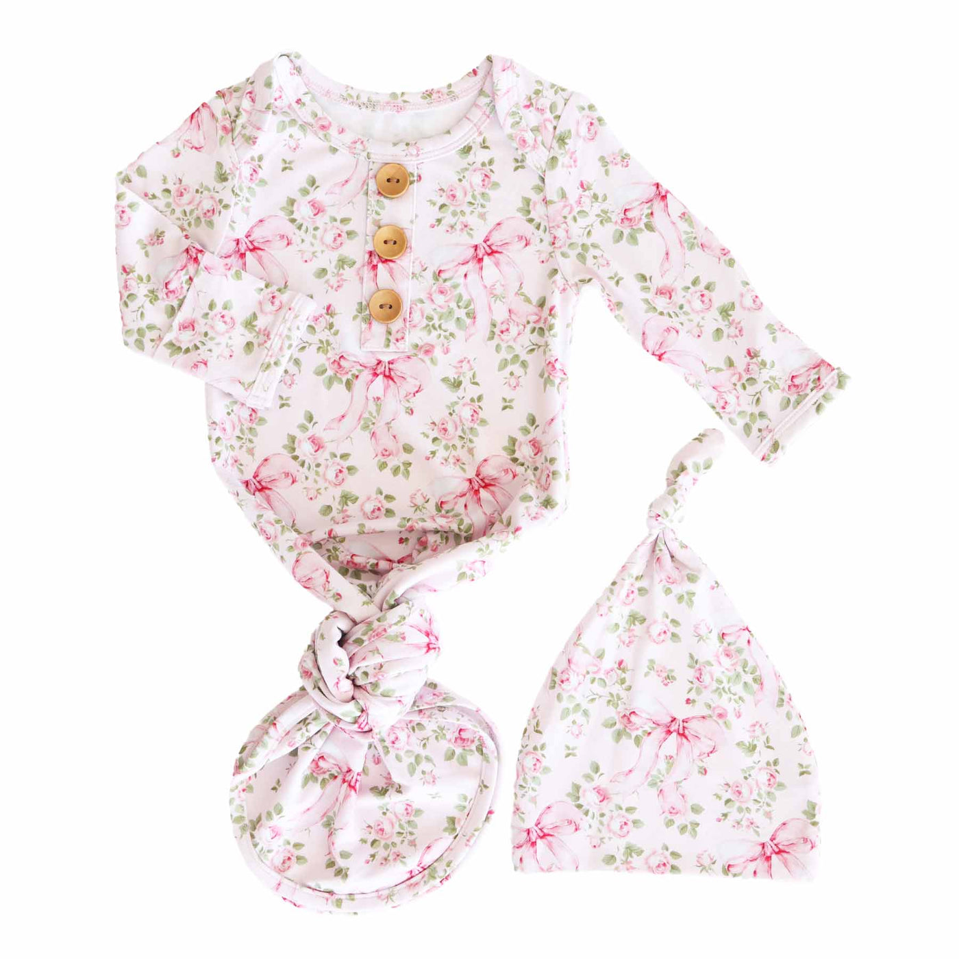 Bows in Bloom Bamboo Knot Gown & Hat Set-Baby Gifts,Bamboo Viscose,Caden Lane,Children & Tween,Children & Tweens,Floral Print,Hair Bows,Infant to 6,newborn,Stretch,Swaddle + Headband-[option4]-[option5]-[option6]-Bella Bliss Boutique in Texas