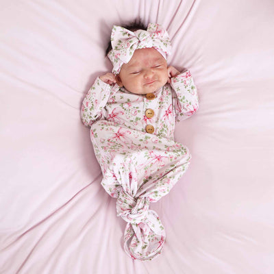 Bows in Bloom Bamboo Knot Gown & Hat Set-Baby Gifts,Bamboo Viscose,Caden Lane,Children & Tween,Children & Tweens,Floral Print,Hair Bows,Infant to 6,newborn,Stretch,Swaddle + Headband-[option4]-[option5]-[option6]-Bella Bliss Boutique in Texas