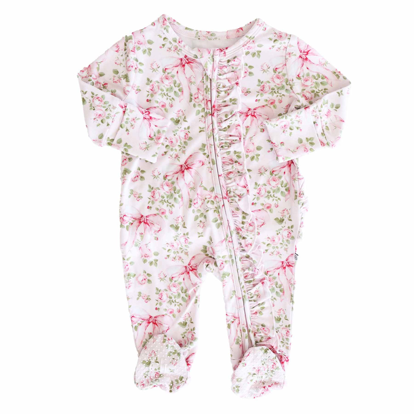 Bows in Bloom Ruffle Zipper Footie-Bamboo Viscose,Bow Detail,Caden Lane,Children & Tween,Children & Tweens,Floral,Footed,Infant to 6,Rompers,Ruffle Detail-Newborn-[option4]-[option5]-[option6]-Bella Bliss Boutique in Texas