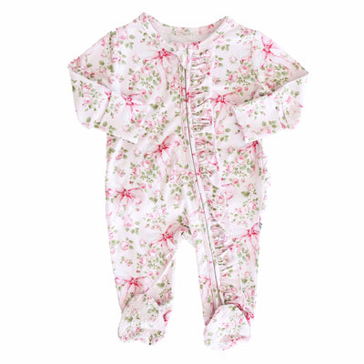 Bows in Bloom Ruffle Zipper Footie-Bamboo Viscose,Bow Detail,Caden Lane,Children & Tween,Children & Tweens,Floral,Footed,Infant to 6,Rompers,Ruffle Detail-Newborn-[option4]-[option5]-[option6]-Bella Bliss Boutique in Texas
