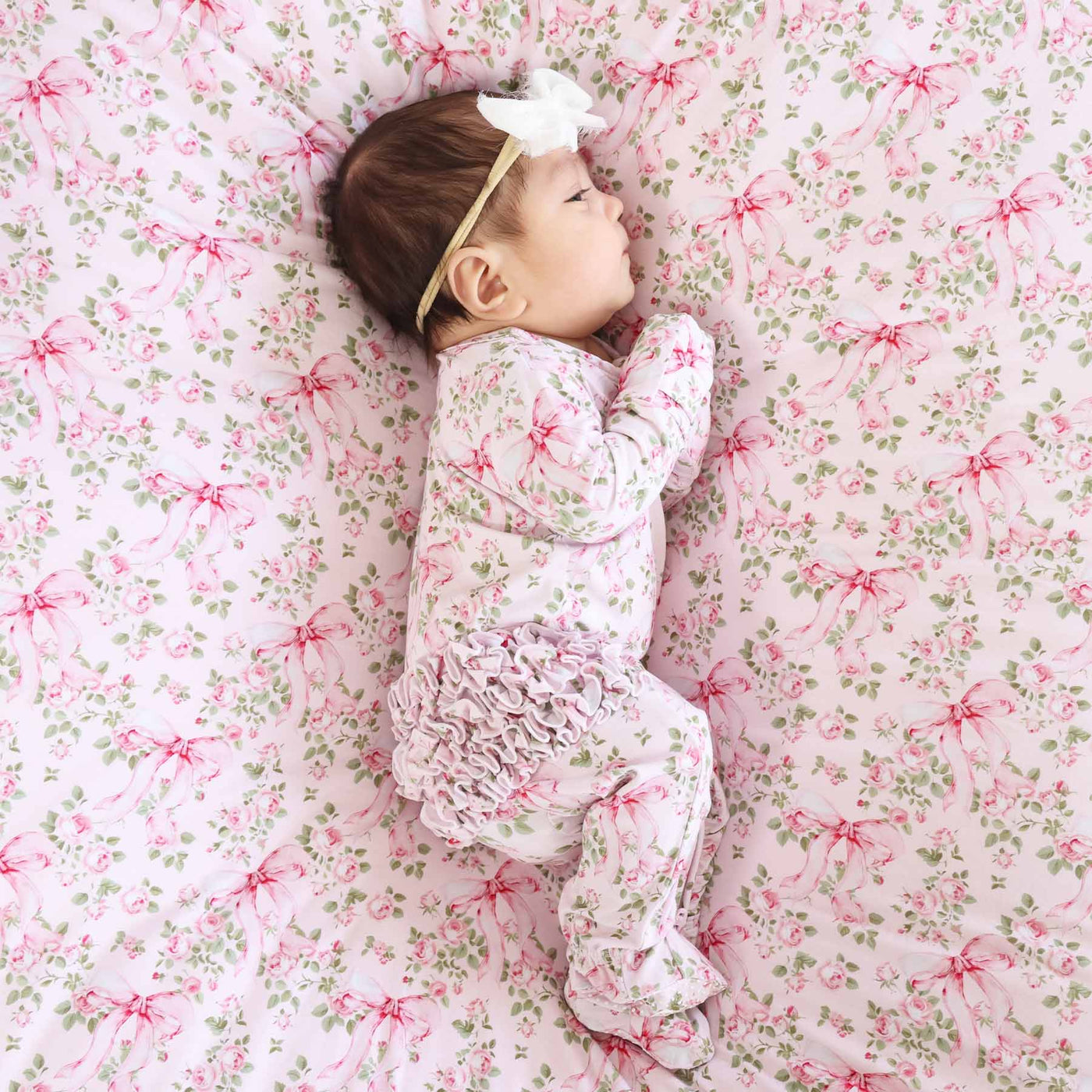 Bows in Bloom Ruffle Zipper Footie-Bamboo Viscose,Bow Detail,Caden Lane,Children & Tween,Children & Tweens,Floral,Footed,Infant to 6,Rompers,Ruffle Detail-[option4]-[option5]-[option6]-Bella Bliss Boutique in Texas