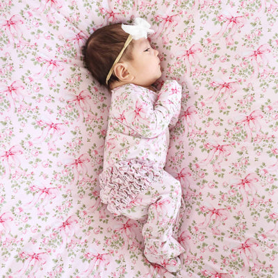 Bows in Bloom Ruffle Zipper Footie-Bamboo Viscose,Bow Detail,Caden Lane,Children & Tween,Children & Tweens,Floral,Footed,Infant to 6,Rompers,Ruffle Detail-[option4]-[option5]-[option6]-Bella Bliss Boutique in Texas