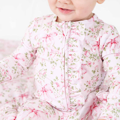 Bows in Bloom Ruffle Zipper Footie-Bamboo Viscose,Bow Detail,Caden Lane,Children & Tween,Children & Tweens,Floral,Footed,Infant to 6,Rompers,Ruffle Detail-[option4]-[option5]-[option6]-Bella Bliss Boutique in Texas