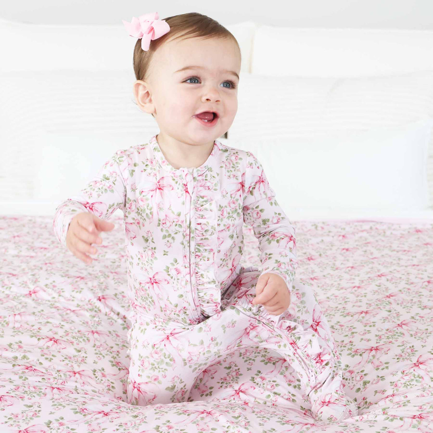 Bows in Bloom Ruffle Zipper Footie-Bamboo Viscose,Bow Detail,Caden Lane,Children & Tween,Children & Tweens,Floral,Footed,Infant to 6,Rompers,Ruffle Detail-[option4]-[option5]-[option6]-Bella Bliss Boutique in Texas