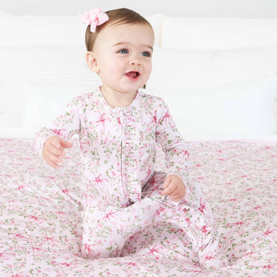 Bows in Bloom Ruffle Zipper Footie-Bamboo Viscose,Bow Detail,Caden Lane,Children & Tween,Children & Tweens,Floral,Footed,Infant to 6,Rompers,Ruffle Detail-[option4]-[option5]-[option6]-Bella Bliss Boutique in Texas