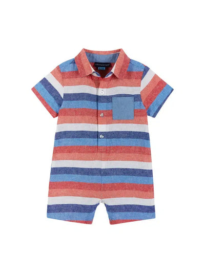 Boys Chambray Stripe Romper-Boy's, Chambray, Children & Tweens, children's, clothing, infant, Infant to 6, Jumpsuits & Rompers, Rompers, stripe-0/3M-[option4]-[option5]-[option6]-Bella Bliss Boutique in Texas