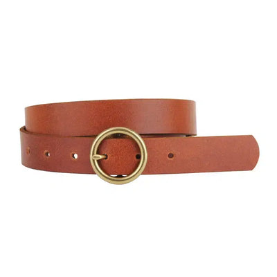 Brass Toned Circle Buckle Leather Belt-Accessories, Belt, Belts, Black, Brass Toned Buckle, Leather, Leather Belt, Tan, Women, women's-Tan-S-[option4]-[option5]-[option6]-Bella Bliss Boutique in Texas