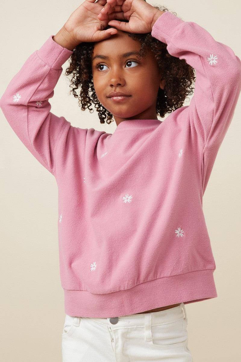 Brushed Texture Embroidered Sweatshirt-Brushed,Children & Tweens,clothing,Embroidered Detail,Pink,Sale,Sweatshirt,Top,Tops,Tweens 7-14-[option4]-[option5]-[option6]-Bella Bliss Boutique in Texas