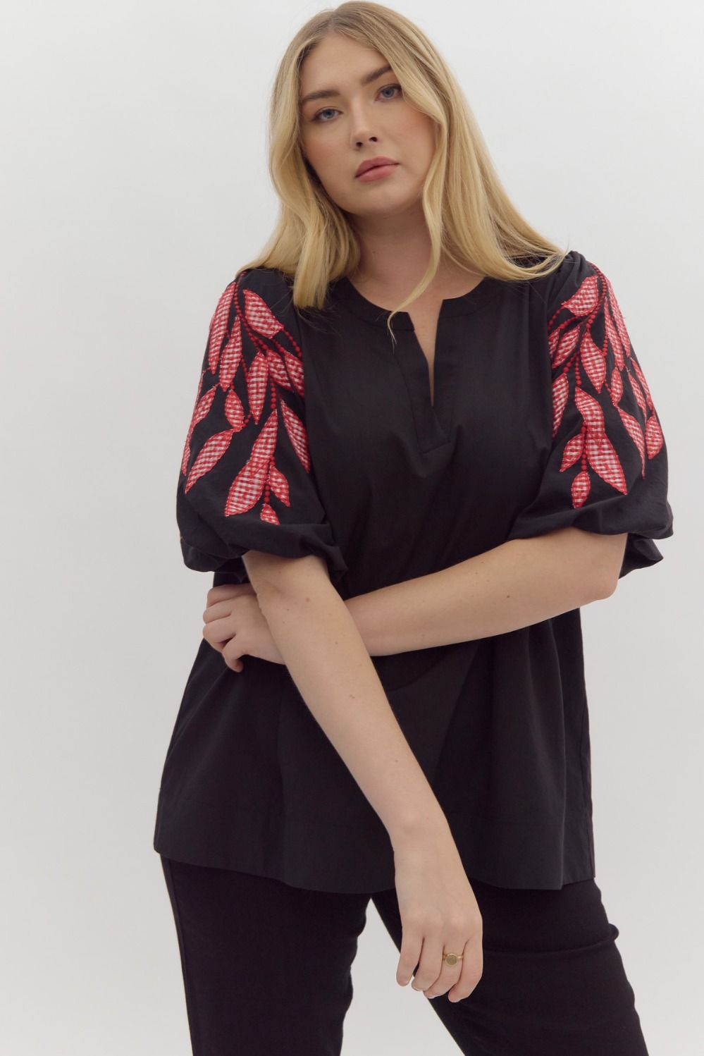 Bubble Sleeve Embroidered Top-Balloon Sleeve, Black, clothing, Curvy, embroidered, Embroidered Detail, Leaf Embroidery, Top, Tops-XL-[option4]-[option5]-[option6]-Bella Bliss Boutique in Texas