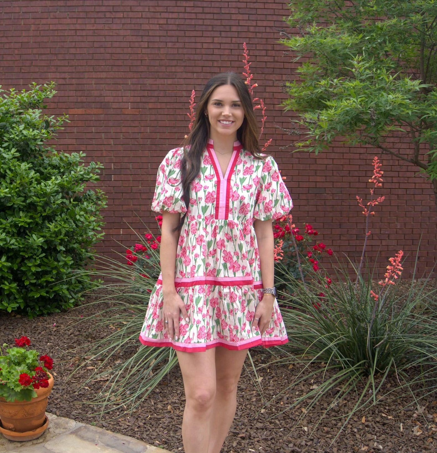 Bubble Sleeve Tiered Mini Dress-Blue,Bubble Sleeve,clothing,Curvy,dress,dresses,Floral Print,Mini Dress,Multicolor Band,Pink,Tiered,Tiered Dress,Women,women's-Pink-S-[option4]-[option5]-[option6]-Bella Bliss Boutique in Texas