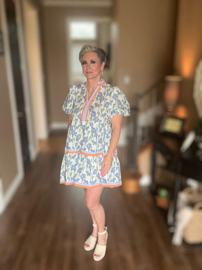 Bubble Sleeve Tiered Mini Dress-Blue,Bubble Sleeve,clothing,Curvy,dress,dresses,Floral Print,Mini Dress,Multicolor Band,Pink,Sale,Tiered,Tiered Dress,Women,women's-[option4]-[option5]-[option6]-Bella Bliss Boutique in Texas