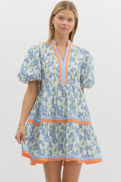 Bubble Sleeve Tiered Mini Dress-Blue,Bubble Sleeve,clothing,Curvy,dress,dresses,Floral Print,Mini Dress,Multicolor Band,Pink,Tiered,Tiered Dress,Women,women's-[option4]-[option5]-[option6]-Bella Bliss Boutique in Texas