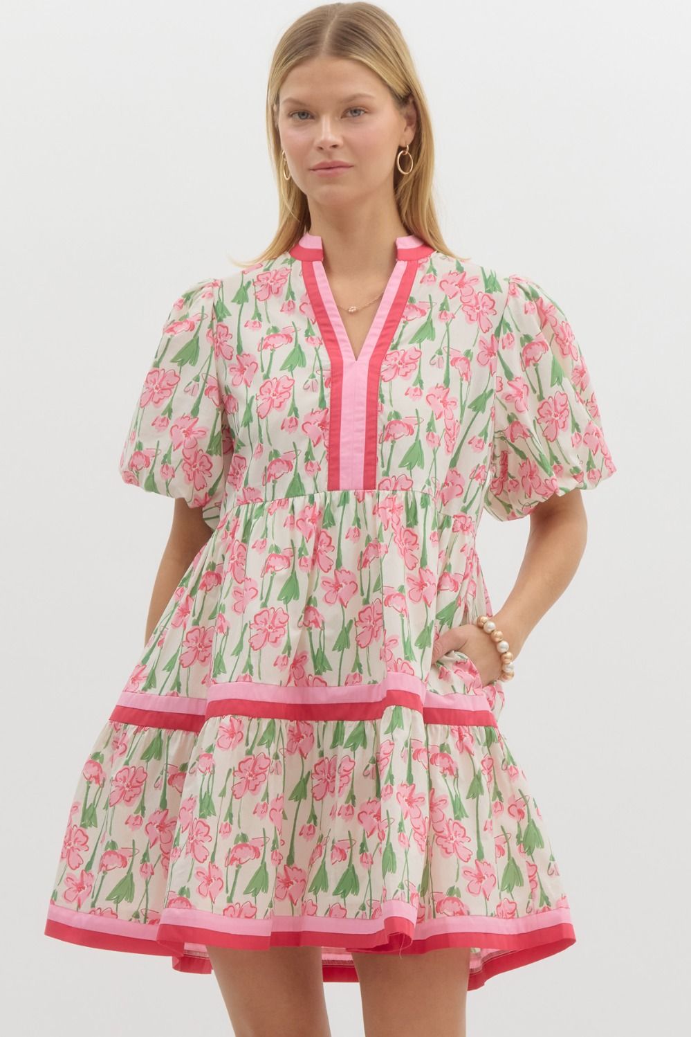 Bubble Sleeve Tiered Mini Dress-Blue,Bubble Sleeve,clothing,Curvy,dress,dresses,Floral Print,Mini Dress,Multicolor Band,Pink,Tiered,Tiered Dress,Women,women's-[option4]-[option5]-[option6]-Bella Bliss Boutique in Texas