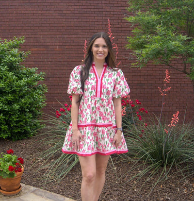 Bubble Sleeve Tiered Mini Dress-Blue,Bubble Sleeve,clothing,Curvy,dress,dresses,Floral Print,Mini Dress,Multicolor Band,Pink,Sale,Tiered,Tiered Dress,Women,women's-[option4]-[option5]-[option6]-Bella Bliss Boutique in Texas