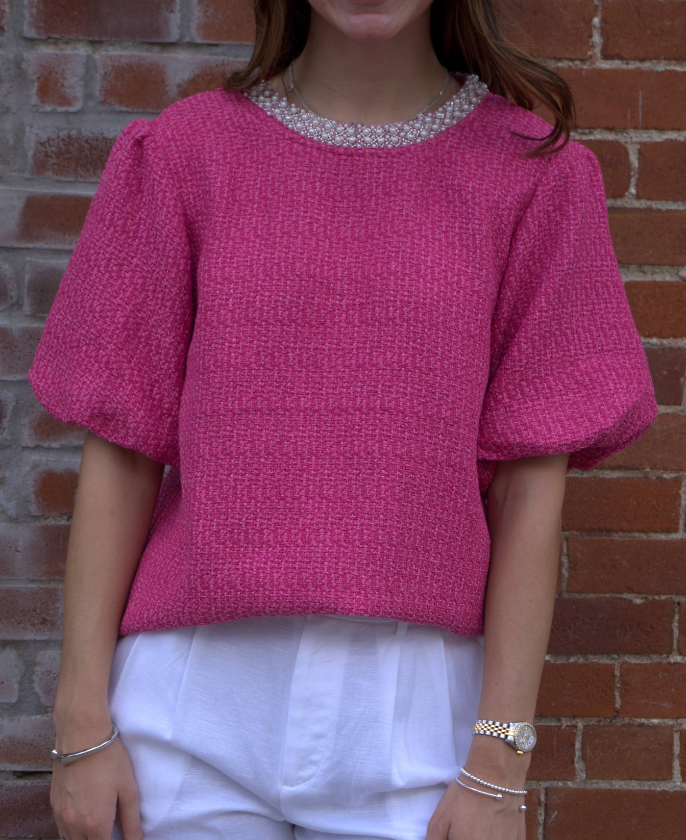 Bubble Sleeve Tweed Top-Bubble Short Sleeves,Bubble Sleeve,Bubble Sleeves,clothing,Pearl Trim Detail,Pearl Trim Neckline,Short Sleeve,Top,Tops,Tweed,Tweed Top,Women,women's-[option4]-[option5]-[option6]-Bella Bliss Boutique in Texas
