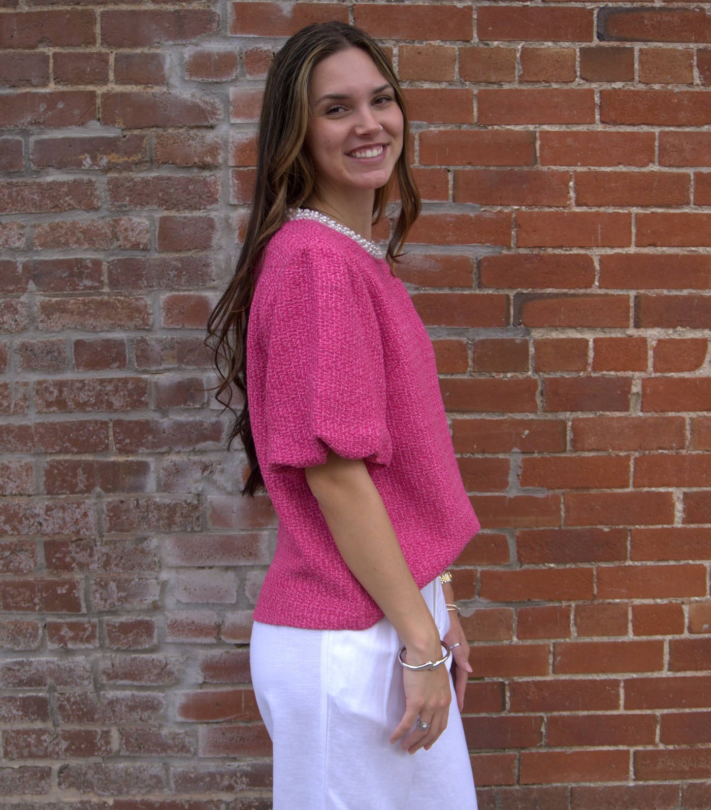 Bubble Sleeve Tweed Top-Bubble Short Sleeves,Bubble Sleeve,Bubble Sleeves,clothing,Pearl Trim Detail,Pearl Trim Neckline,Short Sleeve,Top,Tops,Tweed,Tweed Top,Women,women's-[option4]-[option5]-[option6]-Bella Bliss Boutique in Texas