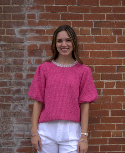 Bubble Sleeve Tweed Top-Bubble Short Sleeves,Bubble Sleeve,Bubble Sleeves,clothing,Pearl Trim Detail,Pearl Trim Neckline,Sale,Short Sleeve,Top,Tops,Tweed,Tweed Top,Women,women's-[option4]-[option5]-[option6]-Bella Bliss Boutique in Texas