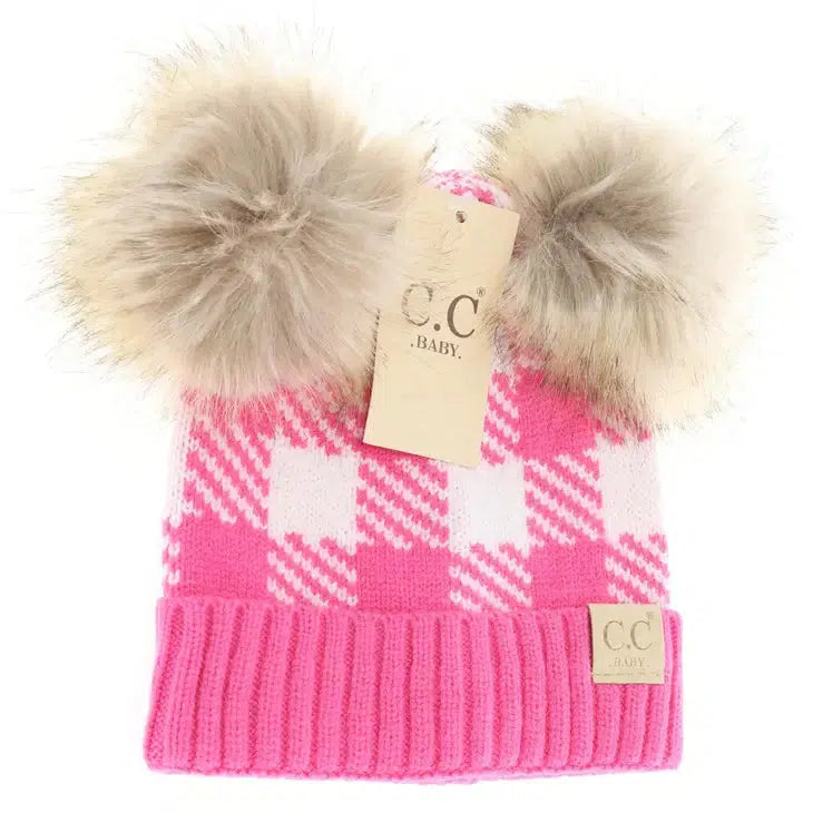 Buffalo Check Double Pom Beanie-Beanie, Buffalo Plaid, Children & Tweens, children's, children's Accessories, Double Pom, Infant to 6, New Candy Pink, Pink & White-[option4]-[option5]-[option6]-Bella Bliss Boutique in Texas