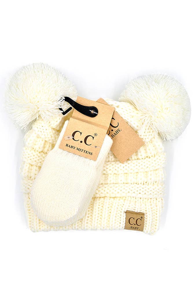 C.C Baby Solid Ribbed Pom Beanie and Mitten Glove-Baby Essentials,Beanie,Blush/Red,Children & Tween,Children & Tweens,children's,children's Accessories,Gifts for Baby,hat,Hats,infant,Infant to 6,Pink,White-Ivory-[option4]-[option5]-[option6]-Bella Bliss Boutique in Texas