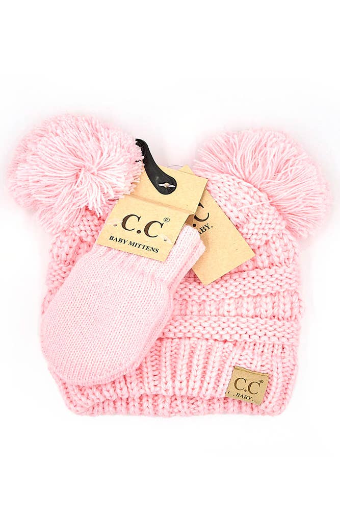 C.C Baby Solid Ribbed Pom Beanie and Mitten Glove-Baby Essentials,Beanie,Blush/Red,Children & Tween,Children & Tweens,children's,children's Accessories,Gifts for Baby,hat,Hats,infant,Infant to 6,Pink,White-Pale Pink-[option4]-[option5]-[option6]-Bella Bliss Boutique in Texas