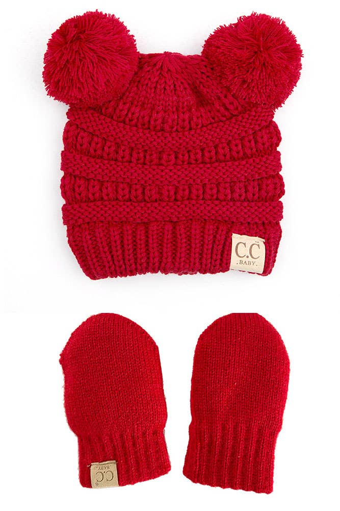 C.C Baby Solid Ribbed Pom Beanie and Mitten Glove-Baby Essentials,Beanie,Blush/Red,Children & Tween,Children & Tweens,children's,children's Accessories,Gifts for Baby,hat,Hats,infant,Infant to 6,Pink,White-Red-[option4]-[option5]-[option6]-Bella Bliss Boutique in Texas