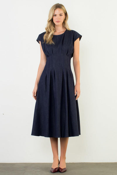 Cap Sleeve Pleated Denim Midi Dress-Cap Sleeve,clothing,denim,Denim Dress,dress,dresses,Midi Dress,navy,navy blue,Pleated,Women,women's-XS-[option4]-[option5]-[option6]-Bella Bliss Boutique in Texas
