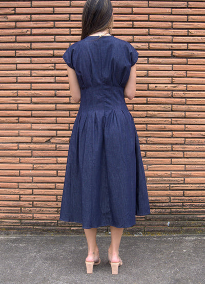 Cap Sleeve Pleated Denim Midi Dress-Cap Sleeve,clothing,denim,Denim Dress,dress,dresses,Midi Dress,navy,navy blue,Pleated,Women,women's-[option4]-[option5]-[option6]-Bella Bliss Boutique in Texas
