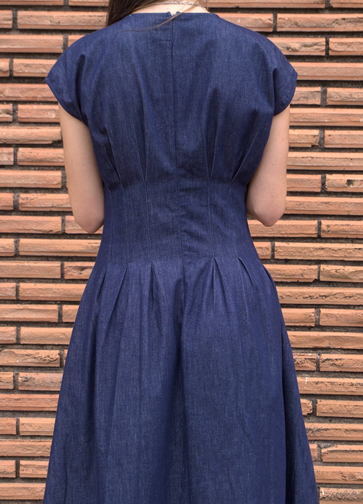 Cap Sleeve Pleated Denim Midi Dress-Cap Sleeve,clothing,denim,Denim Dress,dress,dresses,Midi Dress,navy,navy blue,Pleated,Women,women's-[option4]-[option5]-[option6]-Bella Bliss Boutique in Texas