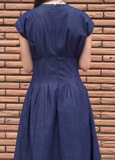 Cap Sleeve Pleated Denim Midi Dress-Cap Sleeve,clothing,denim,Denim Dress,dress,dresses,Midi Dress,navy,navy blue,Pleated,Women,women's-[option4]-[option5]-[option6]-Bella Bliss Boutique in Texas