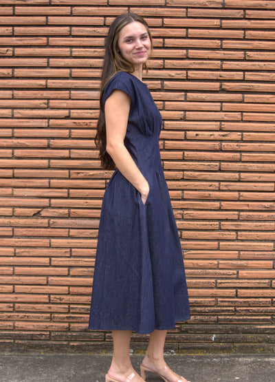 Cap Sleeve Pleated Denim Midi Dress-Cap Sleeve,clothing,denim,Denim Dress,dress,dresses,Midi Dress,navy,navy blue,Pleated,Women,women's-[option4]-[option5]-[option6]-Bella Bliss Boutique in Texas