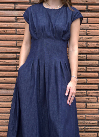Cap Sleeve Pleated Denim Midi Dress-Cap Sleeve,clothing,denim,Denim Dress,dress,dresses,Midi Dress,navy,navy blue,Pleated,Women,women's-[option4]-[option5]-[option6]-Bella Bliss Boutique in Texas