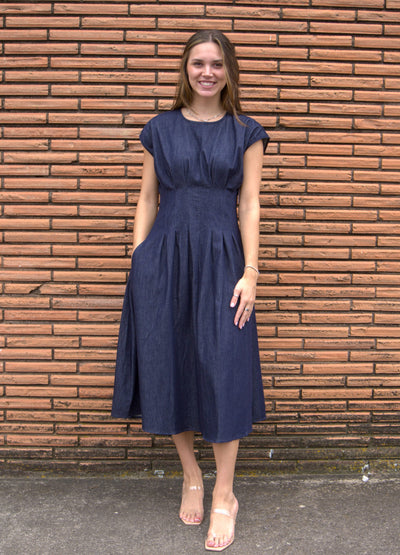 Cap Sleeve Pleated Denim Midi Dress-Cap Sleeve,clothing,denim,Denim Dress,dress,dresses,Midi Dress,navy,navy blue,Pleated,Women,women's-[option4]-[option5]-[option6]-Bella Bliss Boutique in Texas