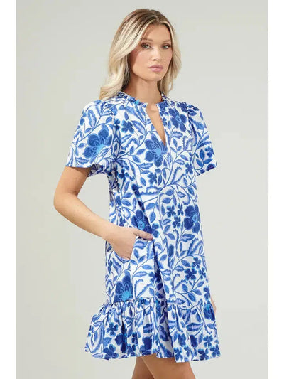 Celeste Floral Mini Dress-Blue,clothing,dress,dresses,Floral,Floral Print,Maxi Dress,Sale,Tiered,White,Women,women's-[option4]-[option5]-[option6]-Bella Bliss Boutique in Texas