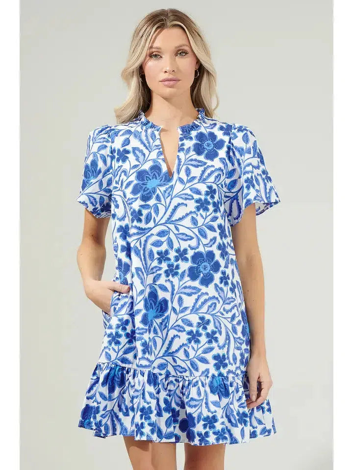 Celeste Floral Mini Dress-Blue, clothing, dress, dresses, Floral, Floral Print, Maxi Dress, Sale, Tiered, White, Women, women's-[option4]-[option5]-[option6]-Bella Bliss Boutique in Texas