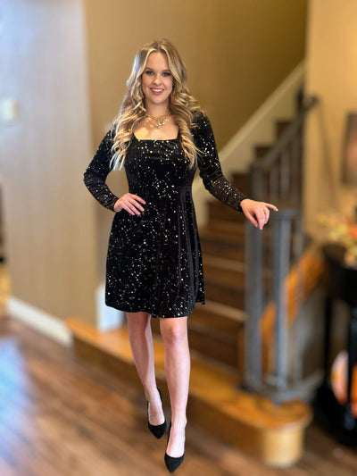 Celestial Black Velvet Dress-Black,Celestial,Christmas,Christmas Dress,clothing,dress,dresses,Mini Dress,Party Dress,Sale,Velvet,Women,women's-[option4]-[option5]-[option6]-Bella Bliss Boutique in Texas