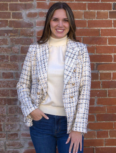 Checked tweed double-breasted fitted blazer jacket-Blazer,Button Detail,Jackets,Outerwear,Tweed Jacket,White,Women,women's,Wool-[option4]-[option5]-[option6]-Bella Bliss Boutique in Texas