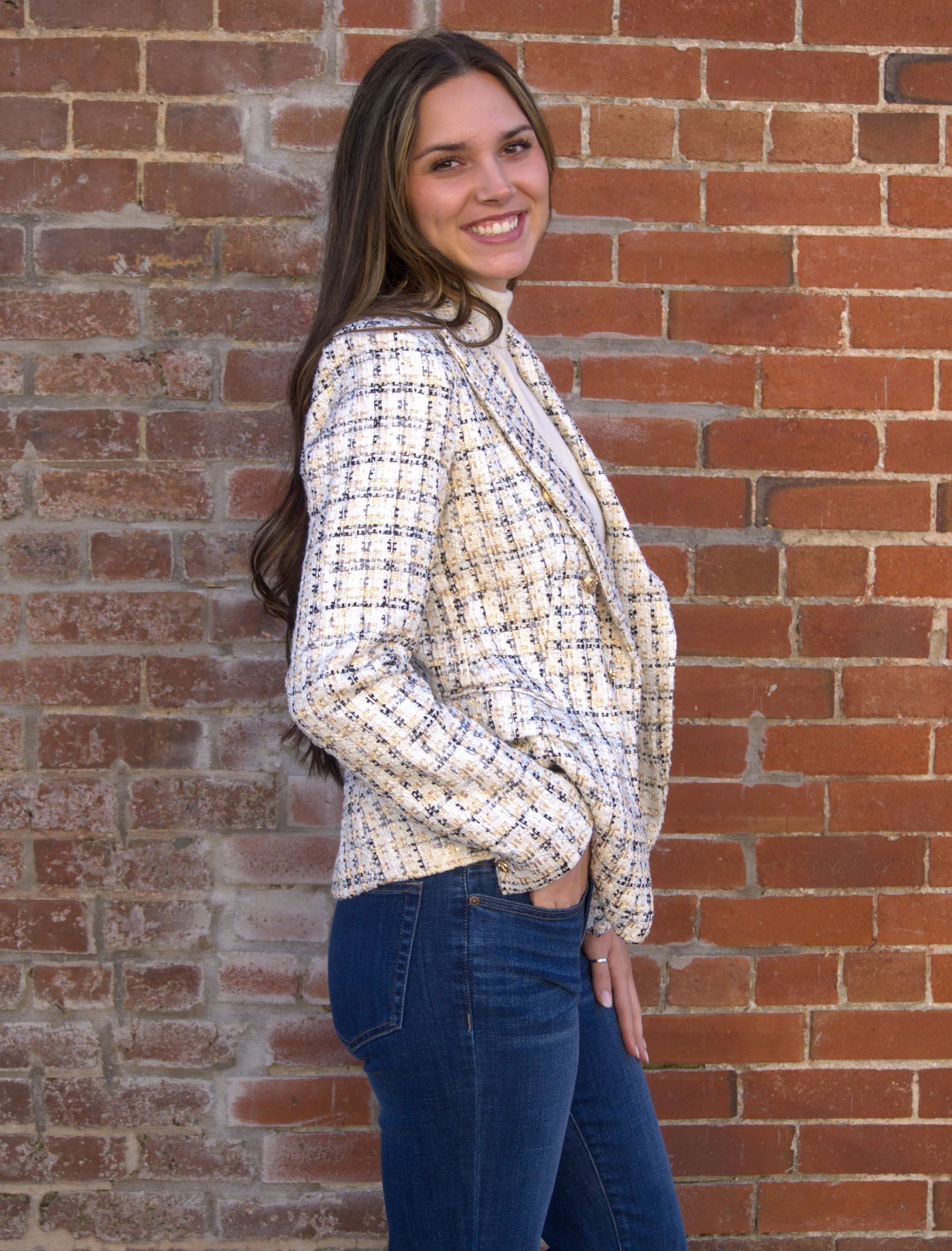 Checked tweed double-breasted fitted blazer jacket-Blazer,Button Detail,Jackets,Outerwear,Tweed Jacket,White,Women,women's,Wool-[option4]-[option5]-[option6]-Bella Bliss Boutique in Texas