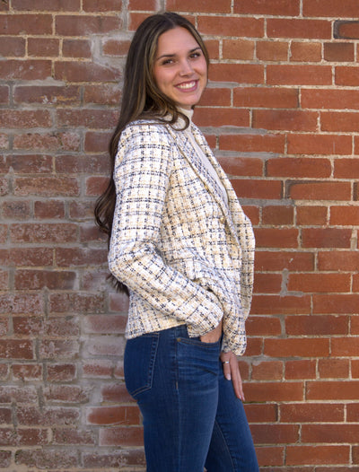 Checked tweed double-breasted fitted blazer jacket-Blazer,Button Detail,Jackets,Outerwear,Tweed Jacket,White,Women,women's,Wool-[option4]-[option5]-[option6]-Bella Bliss Boutique in Texas