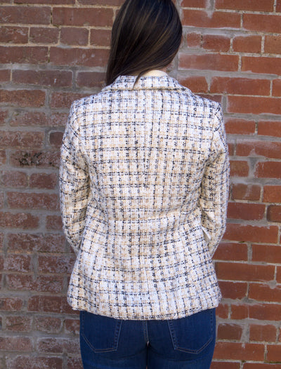 Checked tweed double-breasted fitted blazer jacket-Blazer,Button Detail,Jackets,Outerwear,Tweed Jacket,White,Women,women's,Wool-[option4]-[option5]-[option6]-Bella Bliss Boutique in Texas
