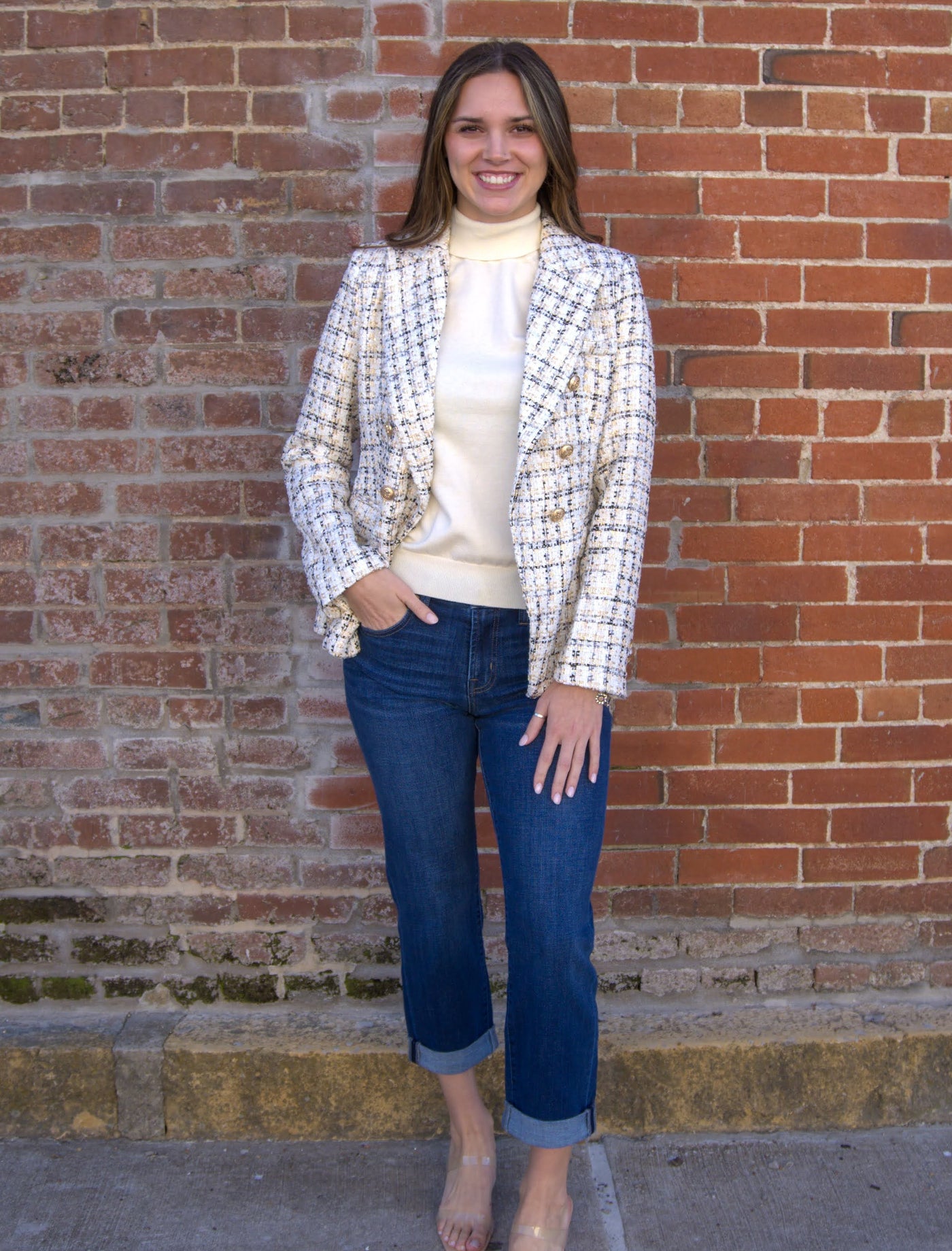 Checked tweed double-breasted fitted blazer jacket-Blazer,Button Detail,Jackets,Outerwear,Tweed Jacket,White,Women,women's,Wool-[option4]-[option5]-[option6]-Bella Bliss Boutique in Texas