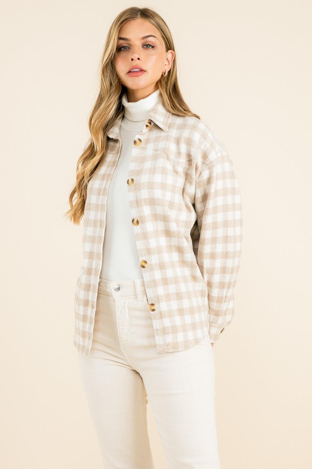 Checkered Button Up Jacket-Beige, clothing, Coats & Jackets, jacket, Outerwear, Shacket, Top, Tops, Women, women's-S-[option4]-[option5]-[option6]-Bella Bliss Boutique in Texas