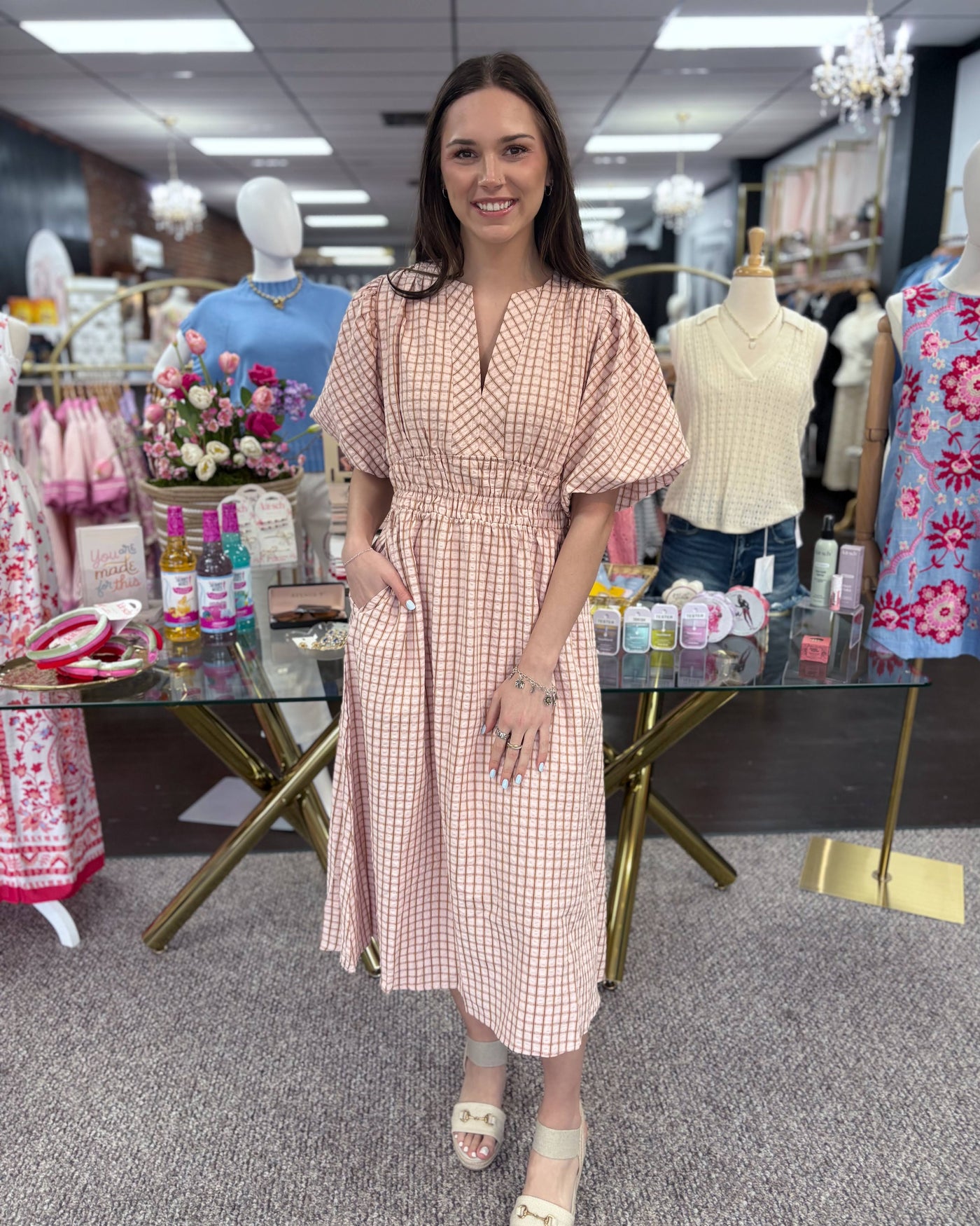 Checkered Puff Sleeve Midi Dress M Checkered Puff Sleeve Midi Dress M