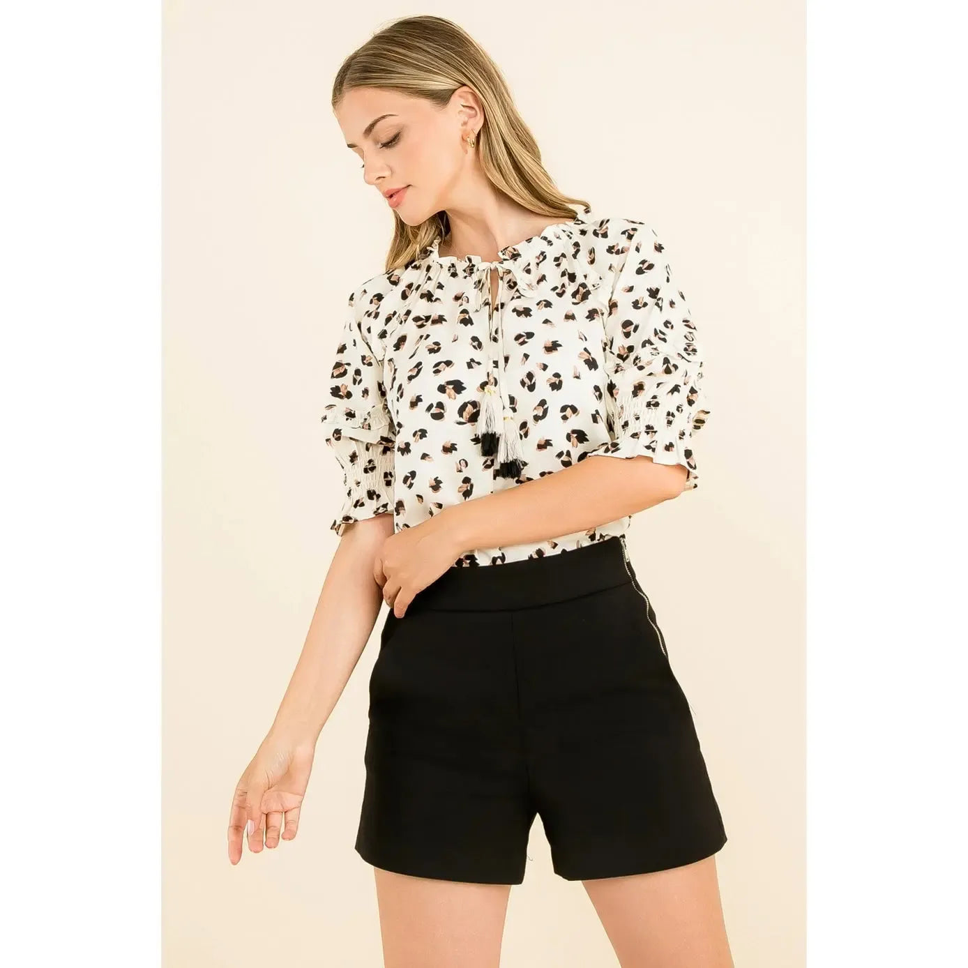 Cheetah Print Tassel Tie Black Top-Black,Brown,Casual Chic,Cheetah,leopard,Relaxed Fit,Short Sleeve,Tassel Tie,THML,Tops,White,women's,Woven Top-[option4]-[option5]-[option6]-Bella Bliss Boutique in Texas