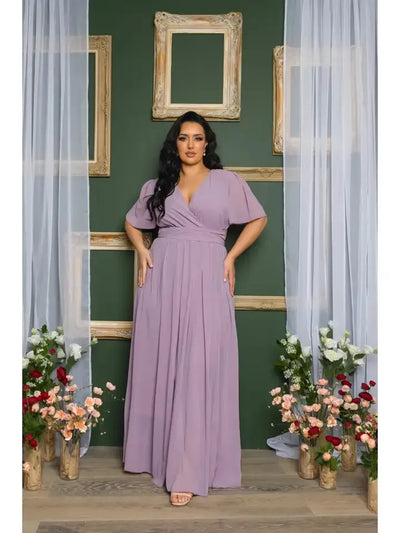 Chiffon Maxi Dress-Chiffon,clothing,Curvy,Dusty Purple,Flutter Sleeve,Surplice,Surplice Neck,Tie Waist-[option4]-[option5]-[option6]-Bella Bliss Boutique in Texas
