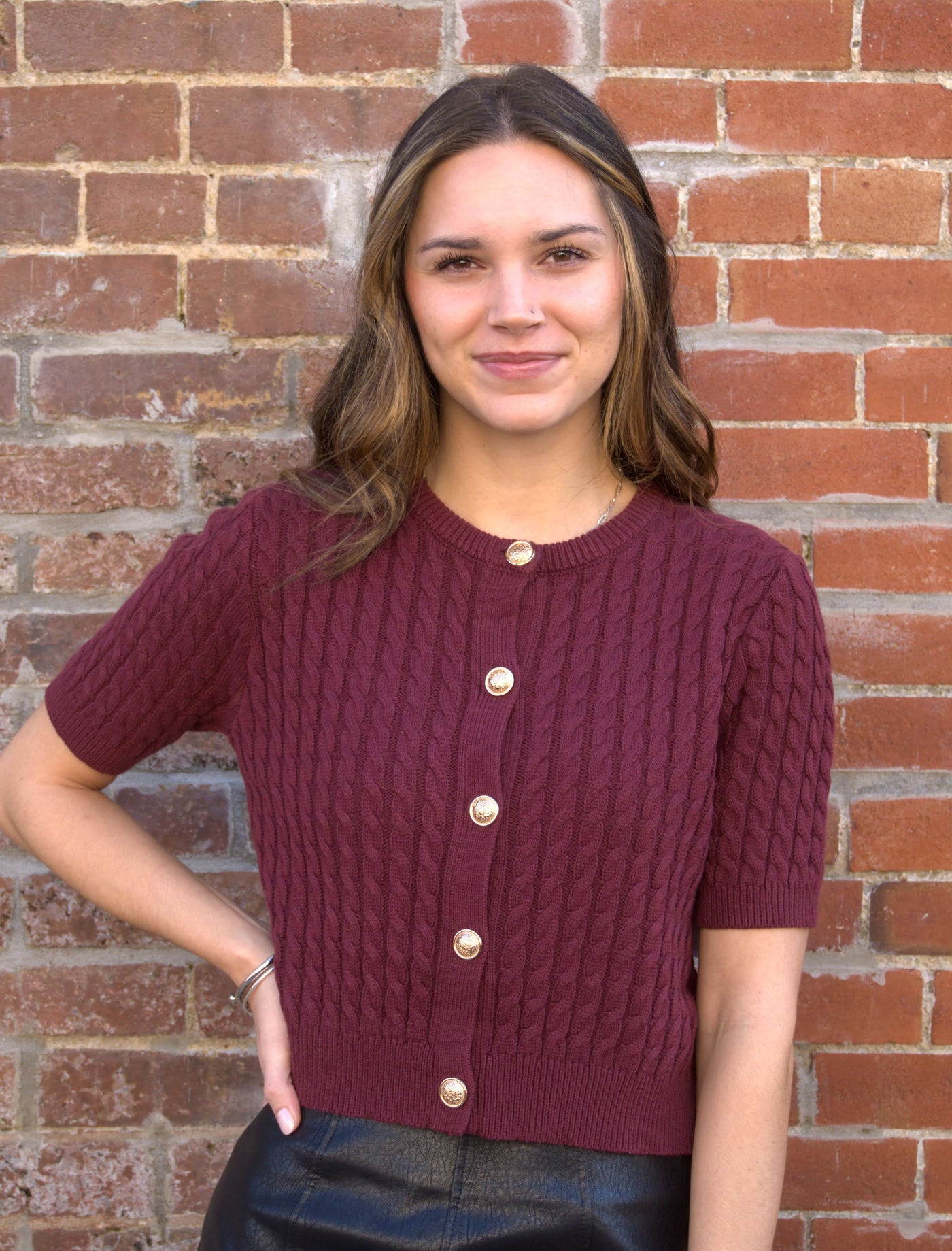 Classic Cable Knit Cropped Cardigan-Button Detail,button down,clothing,Crew Neck,Cropped,Knit,Ribbed Cuff,STORIA,Women,women's-S-BURGUNDY-[option4]-[option5]-[option6]-Bella Bliss Boutique in Texas