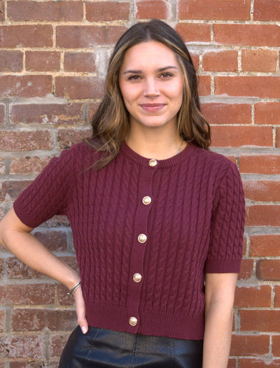 Classic Cable Knit Cropped Cardigan-Button Detail,button down,clothing,Crew Neck,Cropped,Knit,Ribbed Cuff,STORIA,Women,women's-S-BURGUNDY-[option4]-[option5]-[option6]-Bella Bliss Boutique in Texas