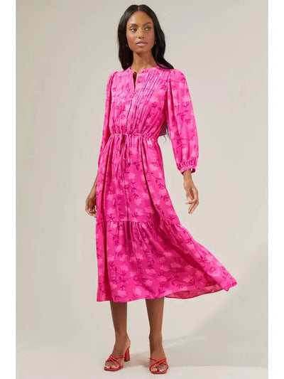 Clever Floral Midi Dress-Balloon Sleeve, Clever Floral, clothing, Drawstring Waist, dress, dresses, Floral, Floral Print, Fuchsia, Fuchsia Multi, Midi Dress, Tiered, women, women's-XS-[option4]-[option5]-[option6]-Bella Bliss Boutique in Texas
