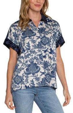 Collared Camp Shirt-Camp Shirt,clothing,Collared,Galaxy Floral Print,Hi-Low,HI-Low Hem,Sale,Short Sleeve,Top,Tops,Women,women's-[option4]-[option5]-[option6]-Bella Bliss Boutique in Texas